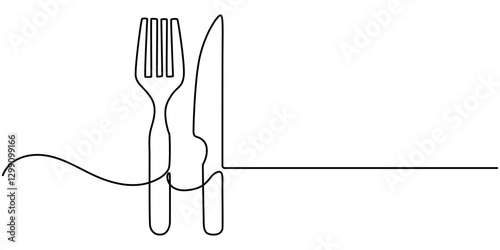 one continuous line drawing of fork and spoon on white background. Cooking, kitchen and table manner, Spoon, fork and knife in continuous line drawing style. Line art silhouette of cutlery. 