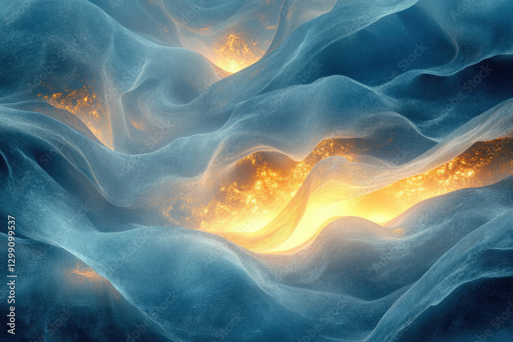 Fototapeta premium Abstract art depicting flowing teal fabric with golden light illuminating from within, creating a celestial or ethereal atmosphere.