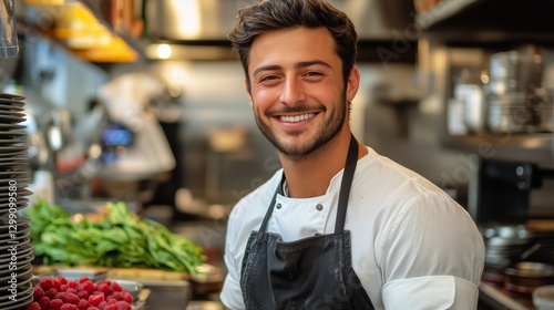 Young Chef Smiling in Bustling Kitchen With Fresh Ingredients and Vibrant Atm...