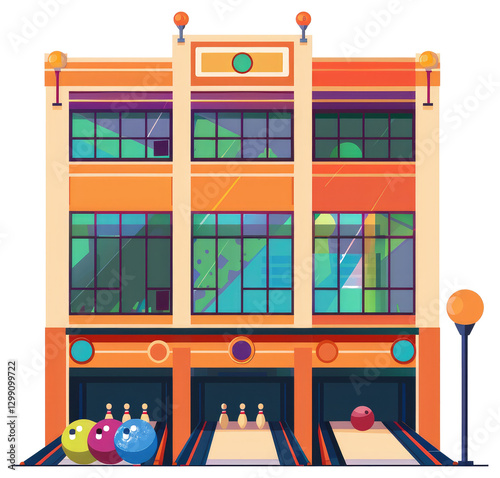 An illustrated exterior view of a vintage bowling alley building