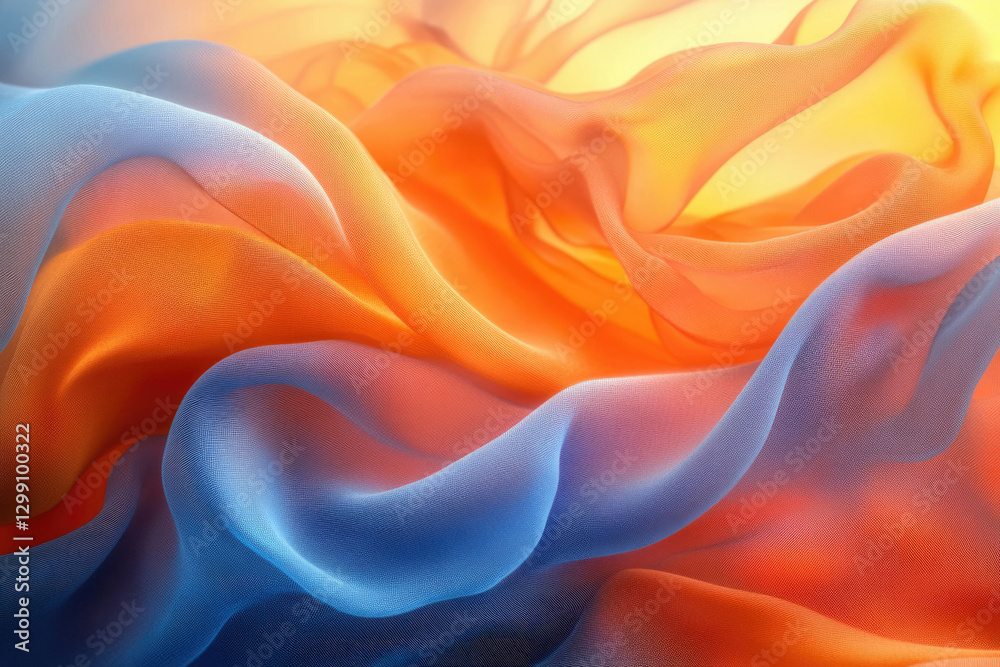 Obraz premium Abstract image of flowing, translucent fabric in shades of orange and blue, creating a wave-like pattern.