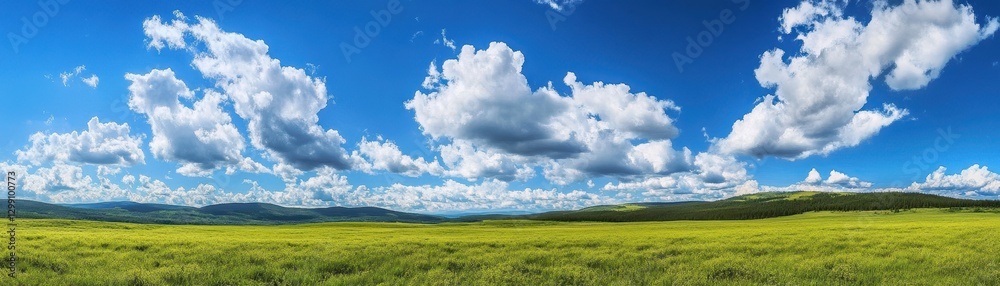 A lush green field of grass stretches out under a clear blue sky, with vibrant wildflowers dotting the landscape. Majestic mountains rise dramatically in the background, their peaks capped with snow. A lush green field of grass stretches out under a clear blue sky, with vibrant wildflowers dotting the landscape. Majestic mountains rise dramatically in the background, their peaks capped with snow.