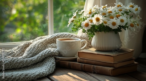 Cozy Afternoon With Books and a Warm Cup by the Window in a Serene Setting