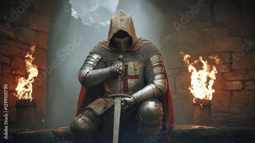 Medieval knight kneeling with sword in ancient castle