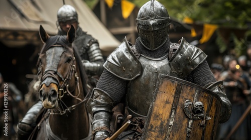 Medieval knights preparing for jousting tournament