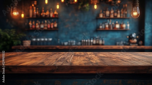 Rustic Wooden Bar Counter in a Cozy Ambient Setting With Hanging Lights and W...