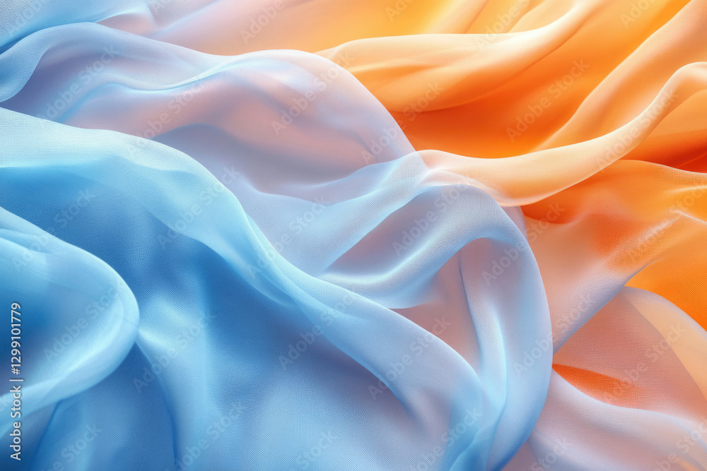 Fototapeta premium Soft, flowing fabric in shades of blue and orange, creating a dreamy, abstract texture.
