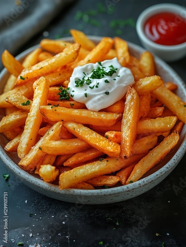 Crispy Golden Fries Served With Creamy Sauce and Ketchup on a Dark Table