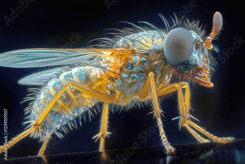 Close-up View of a Fly Showcasing Intricate Details of Its Anatomy in Black a...