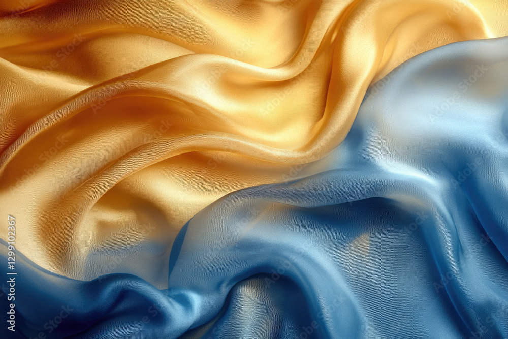 Obraz premium Luxurious golden and blue silk fabric with soft, flowing drapes.