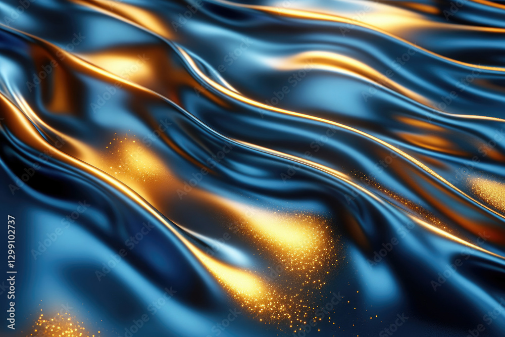 Fototapeta premium Abstract image of flowing blue and gold fabric with glittering particles, creating a luxurious and elegant effect.