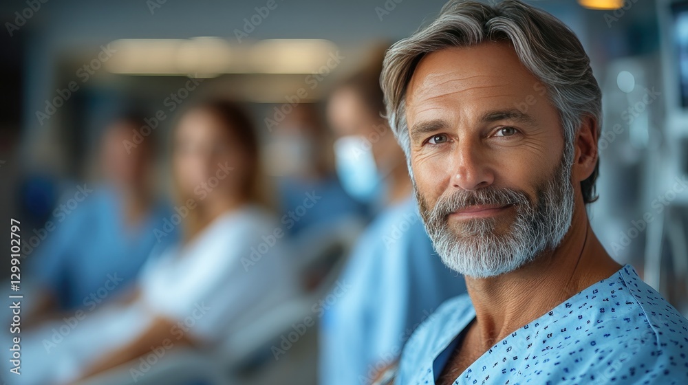Fototapeta premium A doctor in a white coat smiles while speaking to a patient in a hospital bed.