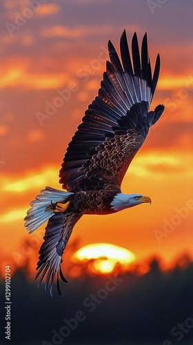 Eagle Soaring Against a Vibrant Sunset in a Serene Natural Landscape