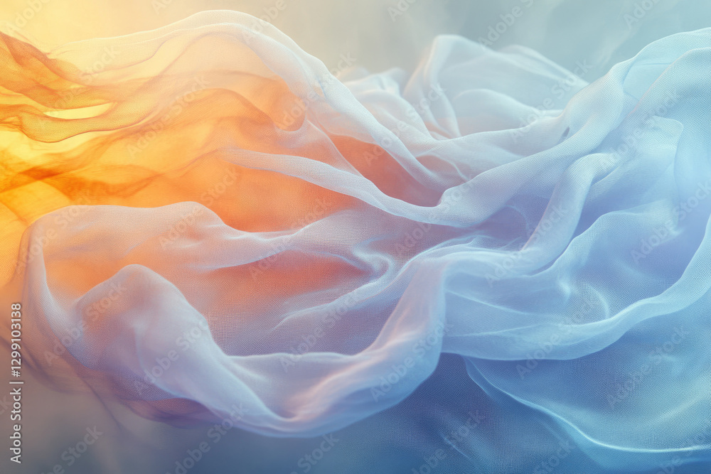 Fototapeta premium Soft, flowing pastel fabric in shades of blue and orange, illuminated by warm light.