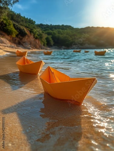 Paper Boats on a Sandy Beach at Sunset Near the Ocean Waves