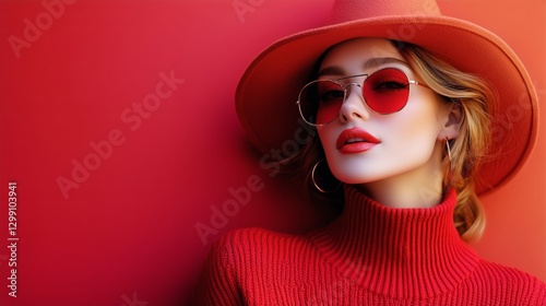 Stylish Woman Wearing Oversized Sunglasses With Red Background Showcasing Mod...