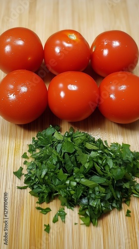 Freshly Cut Tomatoes and Herbs on a Wooden Cutting Board in a Kitchen Setting