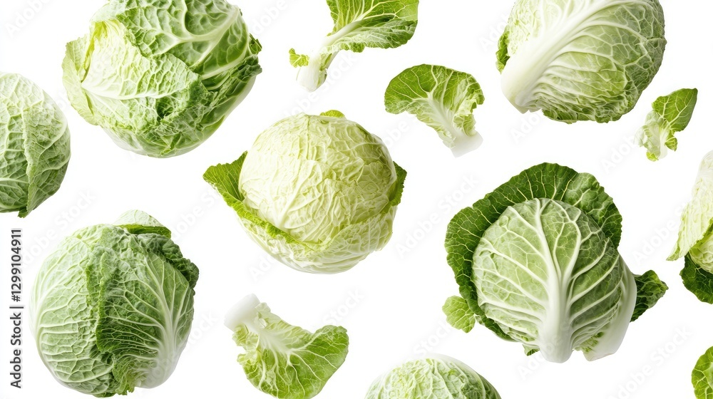Fresh cabbage leaves and whole cabbages floating against a white background, showcasing their crisp layers. Fresh cabbage leaves and whole cabbages floating against a white background, showcasing their crisp layers.