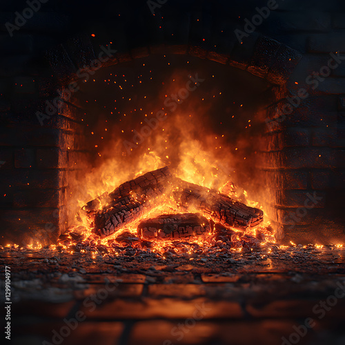 Chimenea de piedra con leños ardiendo y brasas brillantes en ambiente acogedor