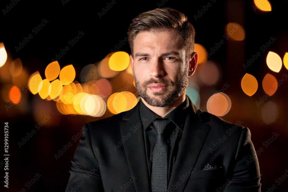 young man in a black suit, black shirt and tie