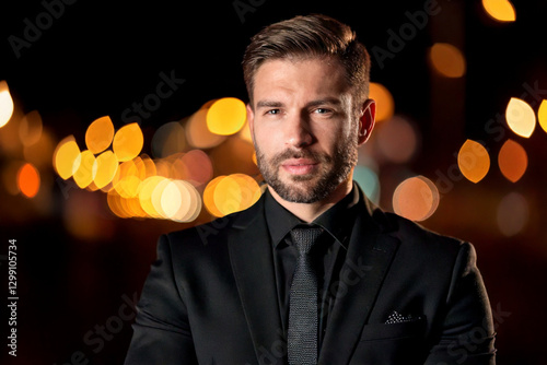 Obraz na płótnie young man in a black suit, black shirt and tie w salonie