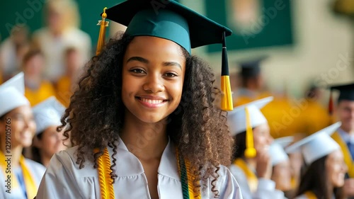 Joyful graduation celebration: radiant graduates smile with pride and achievement at commencement, marking a milestone
