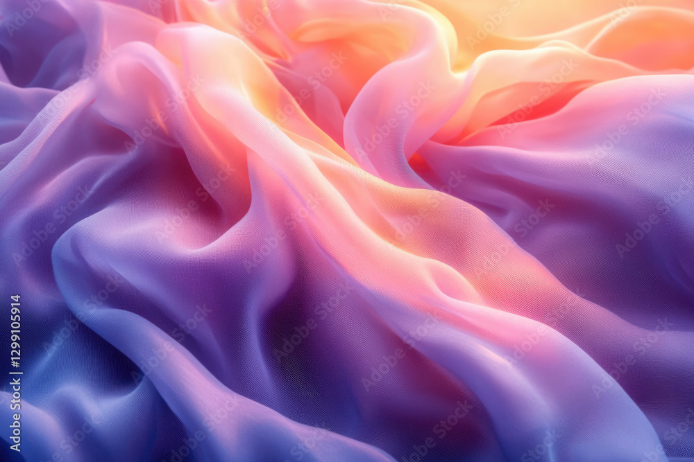 Soft, flowing fabric in pastel purple and orange hues, illuminated by warm light. Soft, flowing fabric in pastel purple and orange hues, illuminated by warm light.