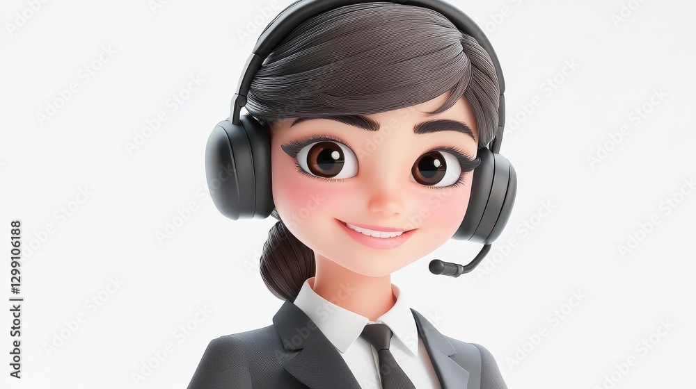 Smiling 3D cartoon female call center representative wearing a headset and black suit on white background. Smiling 3D cartoon female call center representative wearing a headset and black suit on white background.