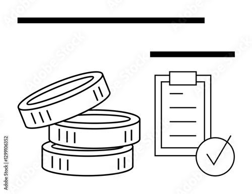 Three stacked coins, checklist with tick mark, and bold lines. Ideal for money management, budgeting, tasks organization, auditing, savings plans, investment goals abstract line flat metaphor