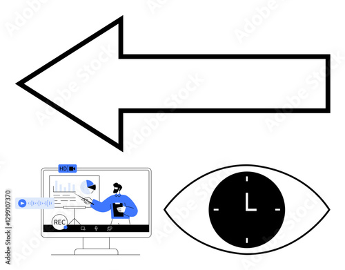 Left arrow with screen showing a business presentation, recording icons, and eye clock metaphor for time. Ideal for time management, analysis, productivity, direction, vision, tracking focus