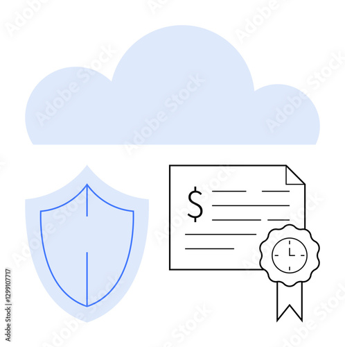 Cloud icon with shield, document, and certification badge. Ideal for cybersecurity, cloud services, financial security, data protection, online safety digital certification trusted services. Simple