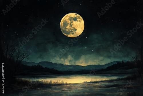 Moonlit Lake Reflecting Trees and Mountains Under a Cloudy Night Sky