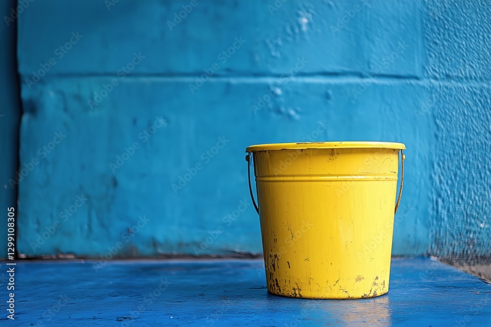 Bright Yellow Bucket Against a Vibrant Blue Wall Adds a Splash of Color to the Urban Environment Bright Yellow Bucket Against a Vibrant Blue Wall Adds a Splash of Color to the Urban Environment