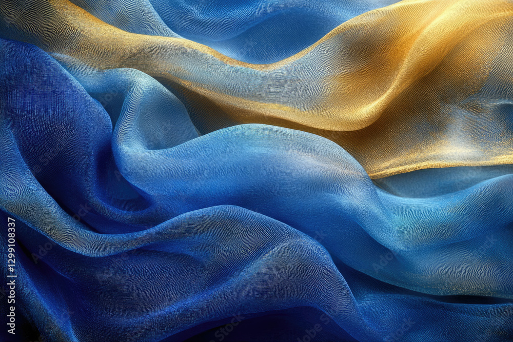 Obraz premium Draped blue and gold sheer fabric, luxurious texture, elegant waves.