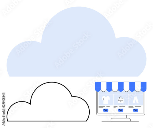 Large blue cloud, smaller outlined cloud, computer with online clothing store interface. Ideal for e-commerce, cloud technology, retail, digital marketing, online services, internet security tech