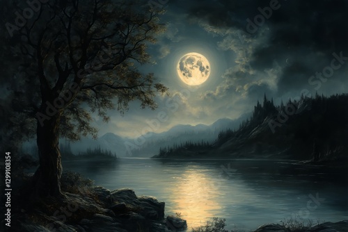 Moonlit Lake Reflecting Trees and Mountains Under a Cloudy Night Sky