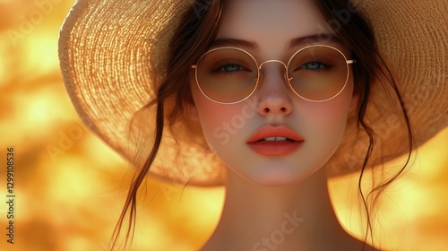 Beautiful Young Woman With Stylish Glasses and Headband Poses Against a Vibra...