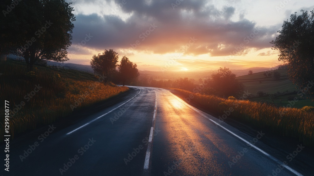 Winding road at sunset through rural landscape Winding road at sunset through rural landscape