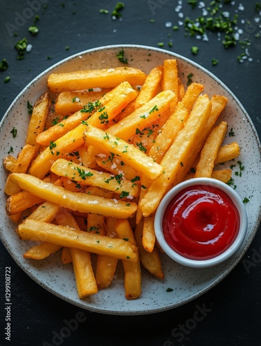 Perfectly Golden Fries Served With Red Dipping Sauce on a Plate With Garnish ...