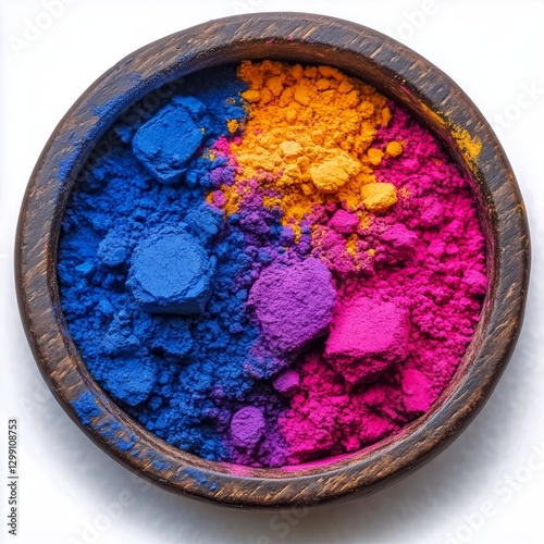 Vibrant Colors of Powdered Pigment in a Wooden Bowl for Art and Craft Projects