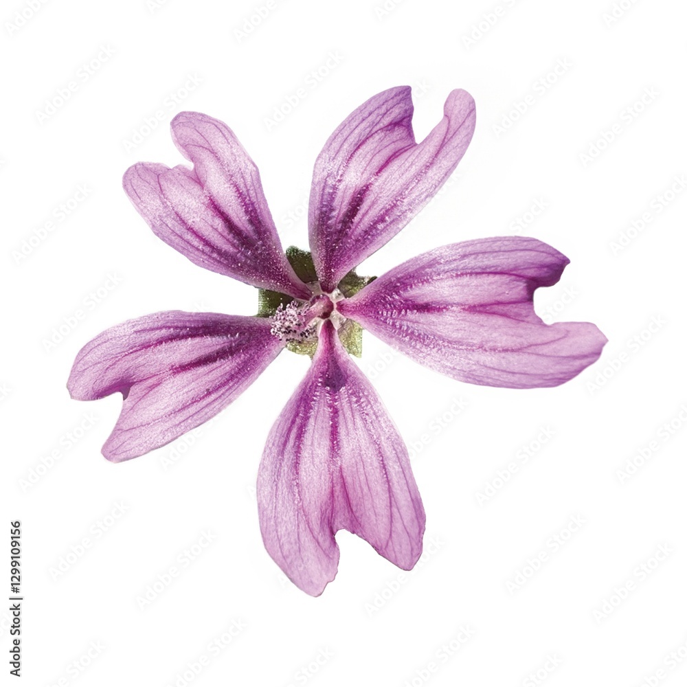 Fototapeta premium Common mallow Malva sylvestris purple flower isolated on white background. For design. Cheeses, high mallow and tall mallow (mauve des bois). Bright mauve-purple, with dark veins.