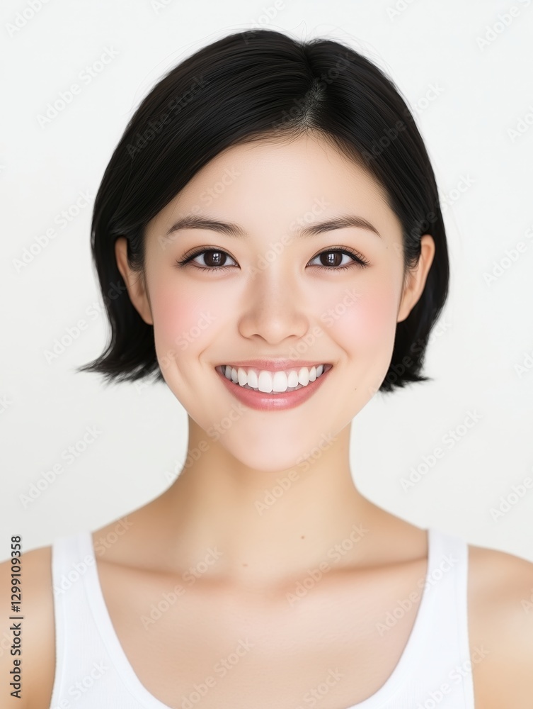woman smiling black hair in white top on white background studio woman smiling black hair in white top on white background studio