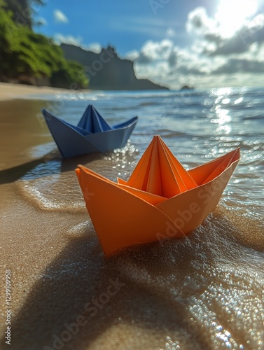 Paper Boats on a Sandy Beach at Sunset Near the Ocean Waves
