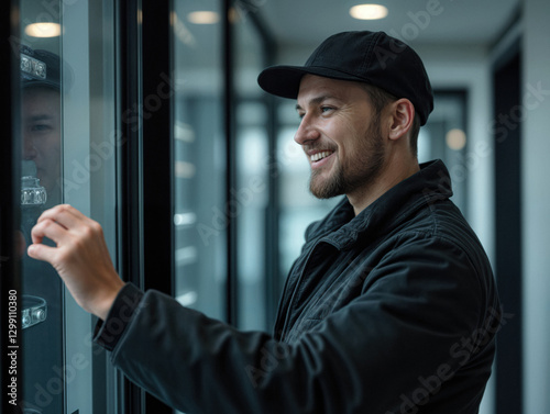 Operatore di distributori automatici riempie macchinetta con snack in ambiente moderno, concetto di vending service photo