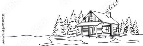 continuous single line drawing of a log cabin in the woods, line art vector illustration