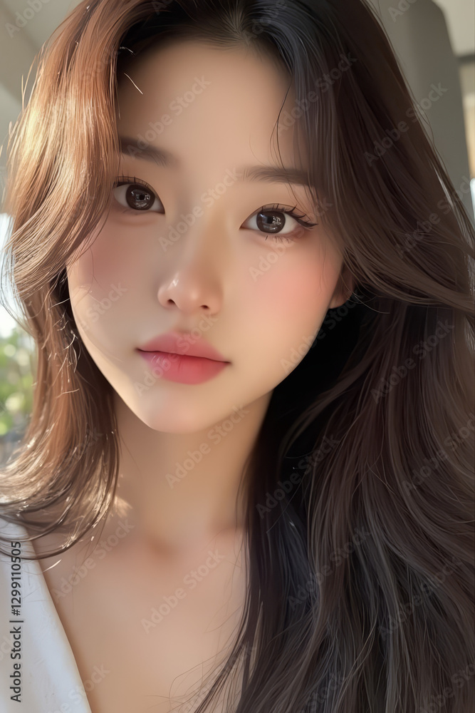 Naklejka premium Asian Beautiful Female taking a Selfie Photo - Profile Picture - Young Woman outside on Sunny Day in the City - Eastern Lady in Fashionable Clothing - Modelling for Camera Social Media
