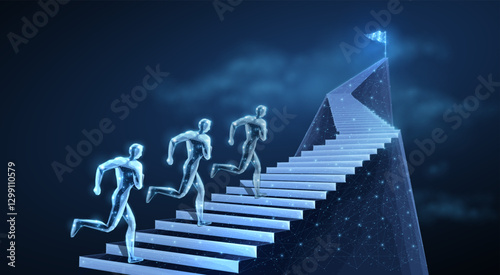 Stair with running 3x man. Stairway success, leader growth, business career.