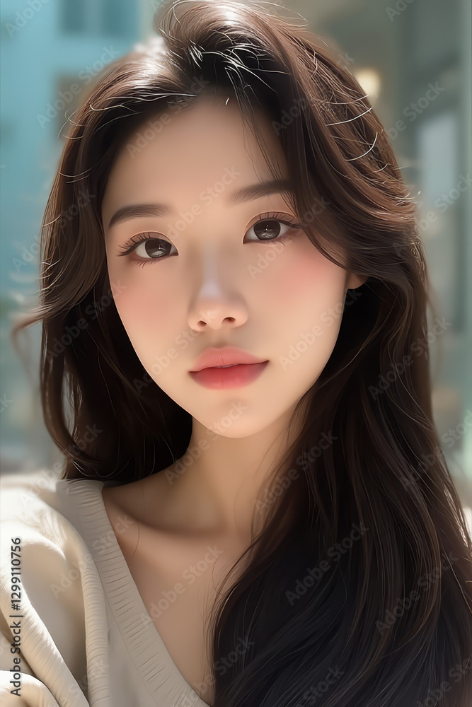 Naklejka premium Asian Beautiful Female taking a Selfie Photo - Profile Picture - Young Woman outside on Sunny Day in the City - Eastern Lady in Fashionable Clothing - Modelling for Camera Social Media