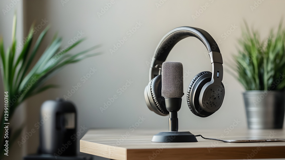 and minimalist podcasting space with a modern microphone, a simple wooden desk, and headphones, set against a calm and neutral background and minimalist podcasting space with a modern microphone, a simple wooden desk, and headphones, set against a calm and neutral background