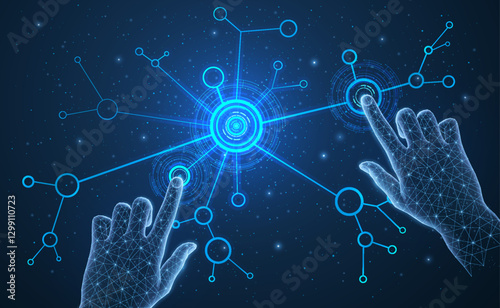 Hands on the blue digital background. Technology digital, future information.